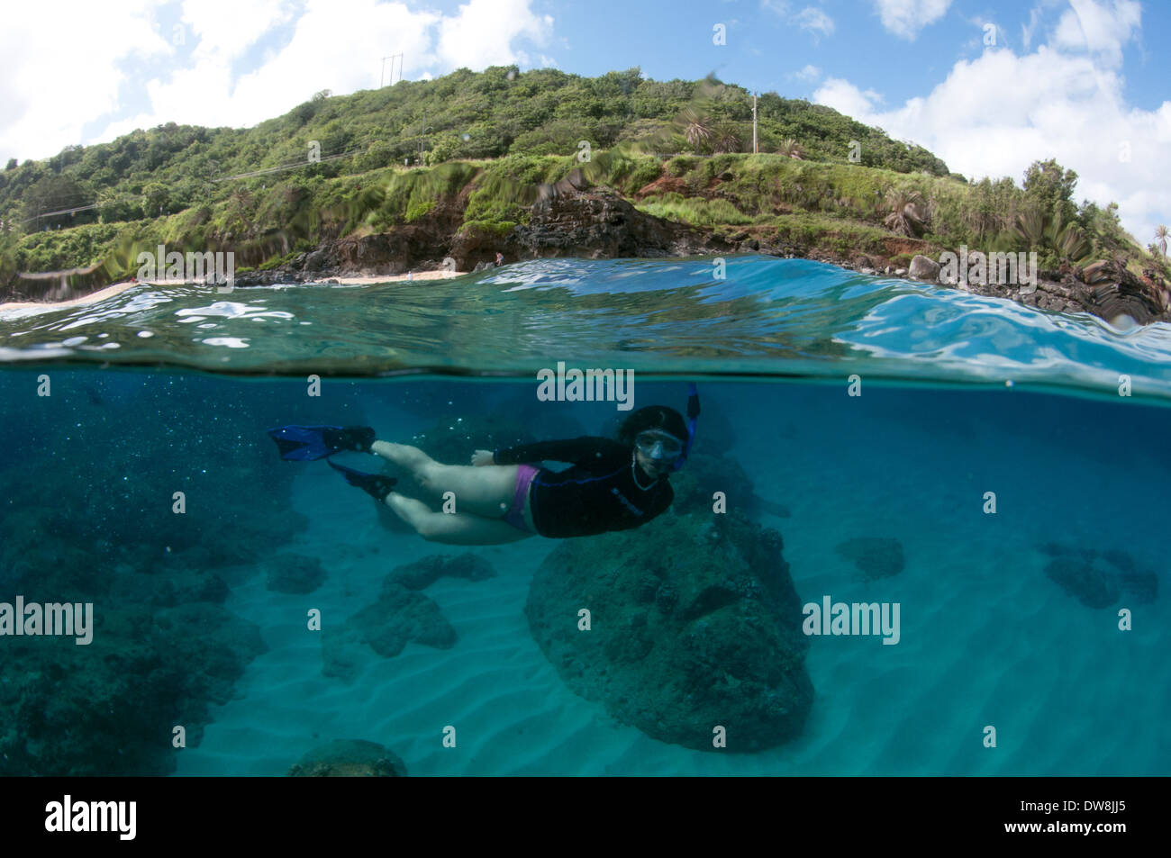 Woman snorkeling in Waimea Bay, North Shore of Oahu, Hawaii, USA Stock