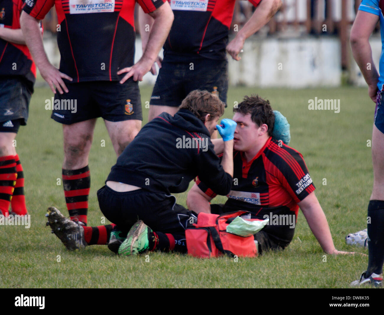 physio checking injured player during amateur rugby match, Bude, Cornwall, UK Stock Photo