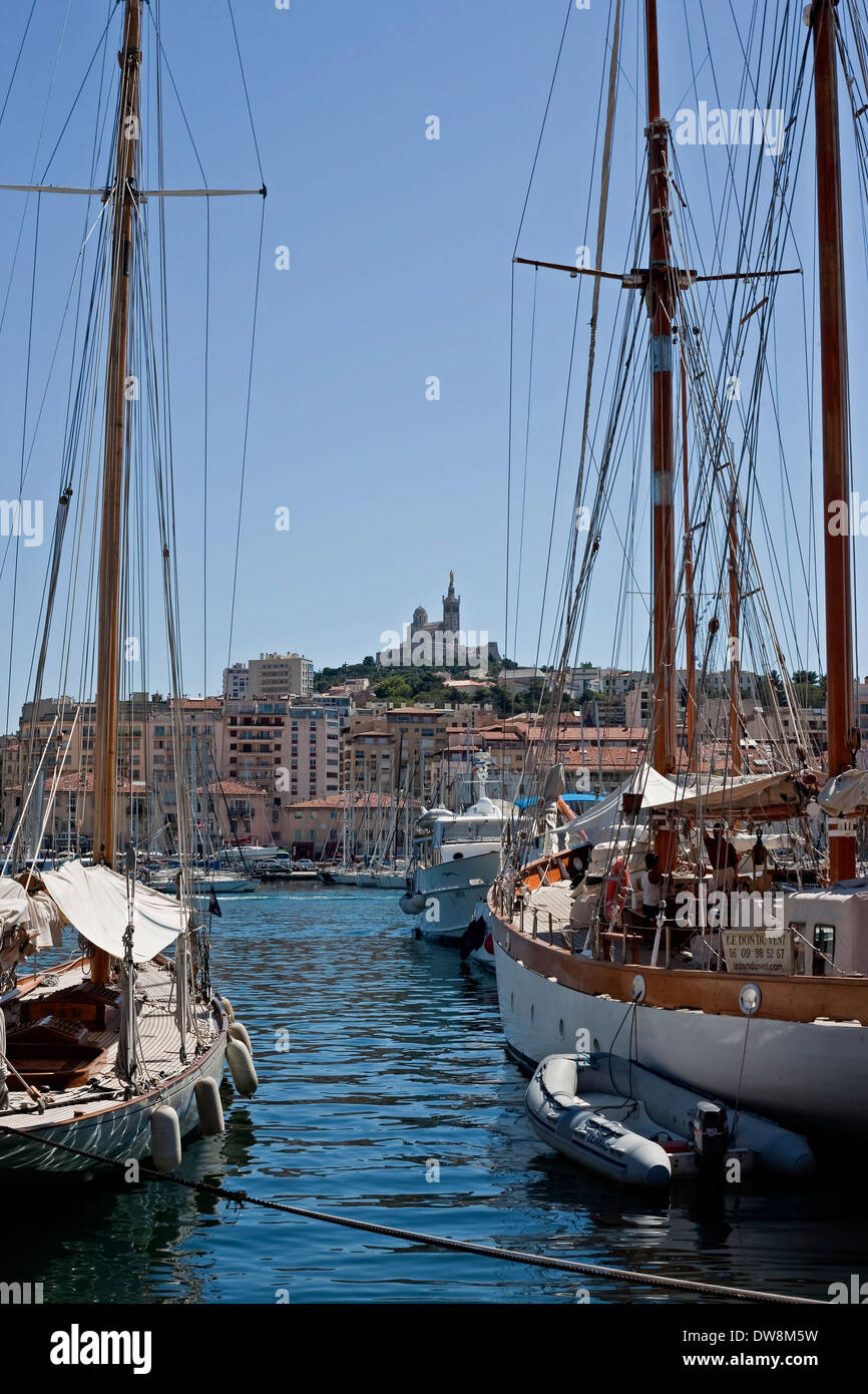 harbour view of the Notre Dame de la Garde, Marseilles France Stock Photo