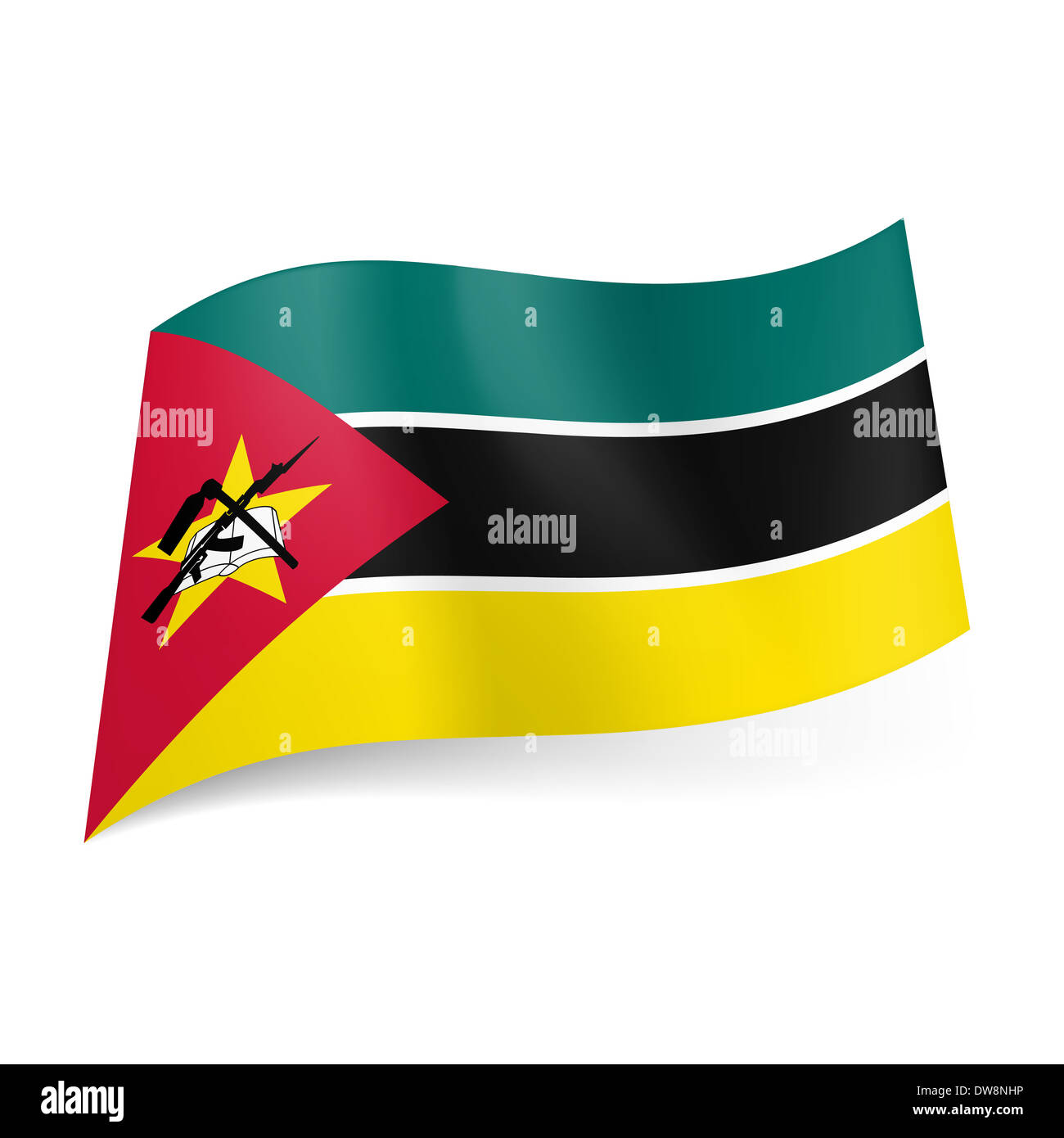 National flag of Mozambique: green, black and yellow horizontal stripes,  star, book and weapon signs in red triangle on the left Stock Photo - Alamy