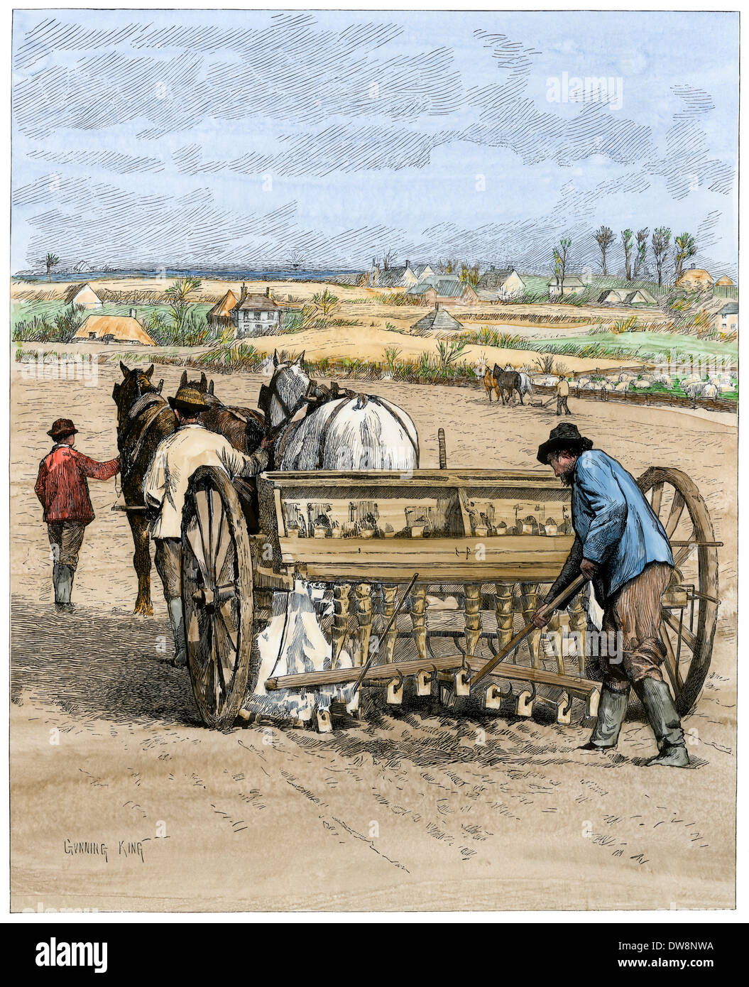 English farmers planting barley with a mechanical driller, 1880s. Hand-colored woodcut Stock Photo