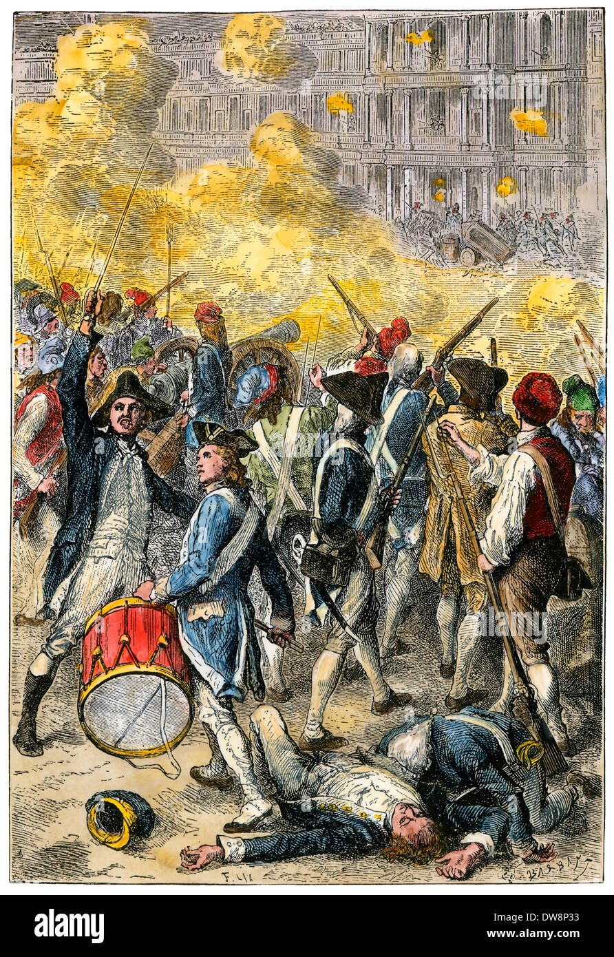 Fighting in the streets of Paris, French Revolution. Hand-colored woodcut Stock Photo