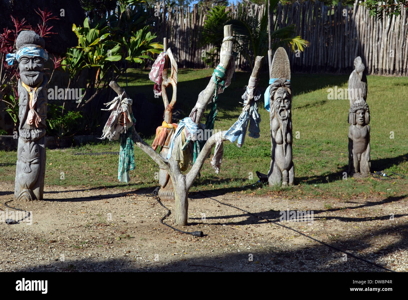 Wood Kanak sculptures in the garden of Jean-Marie Tjibaou Cultural Center, Noumea, New Caledonia Stock Photo