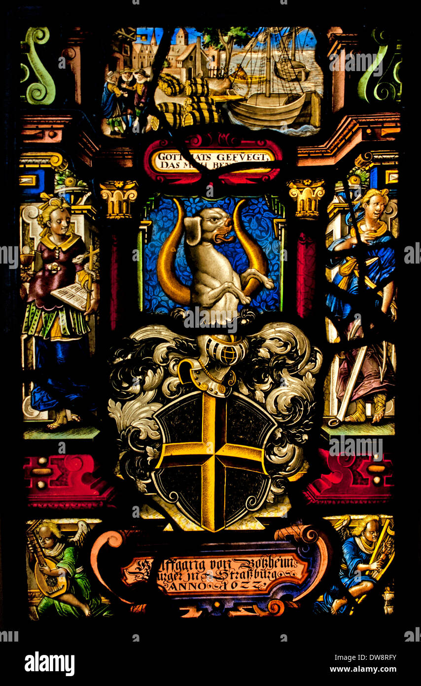 Heraldry - Allegorical Strasbourg 1662 Stained glass window  Wolfgang von Bossheim citizen of Strasbourg  France French Stock Photo