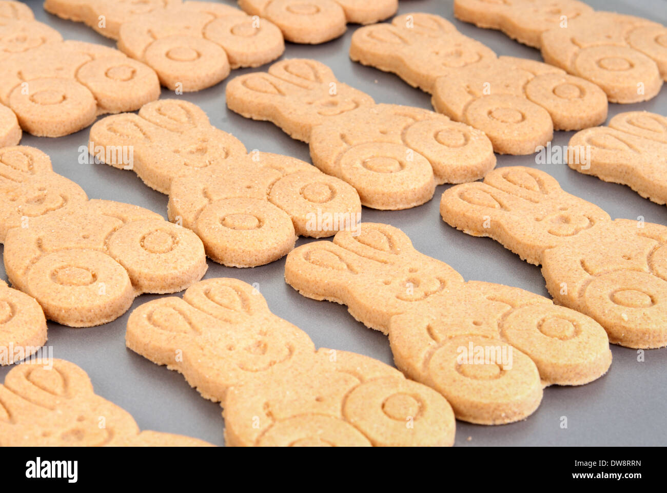 Homemade Easter gingerbread cookies on a baking tray Stock Photo