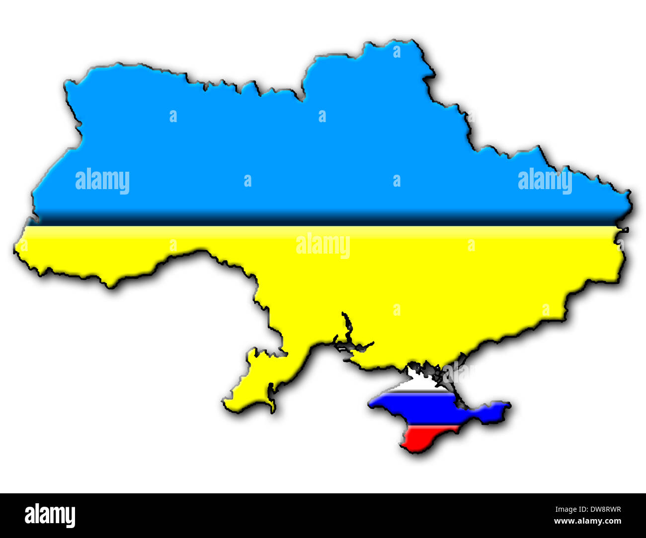 Ukraine map - national flag, Crimea with Russian national flag Stock Photo