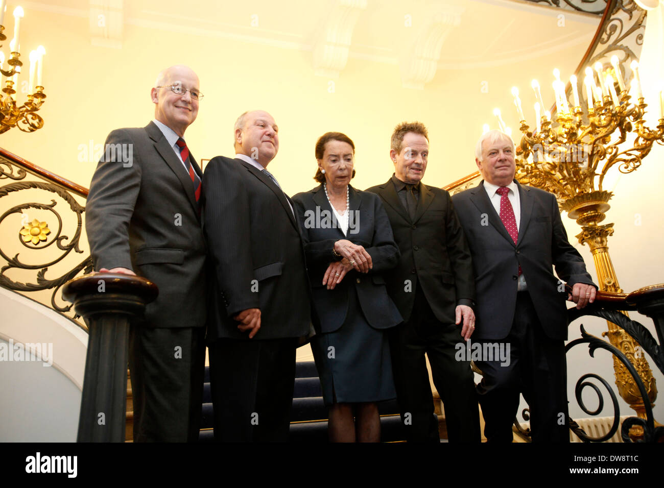 (L to R) Vise Cancellor Andrew Hamilton, Harvey Goldsmith, Mica Ertegun, Led Zeppelin’s John Paul Jones, Cancellor of the University of Oxford Lord Patten are seen during a photcall at the British Academy, London 29 February 2012, the announcement of one of the largest donations to Oxford University in its 900 year history the Mica and Ahmet Ertegun Scholarships in humanities . Photo By Tal COHEN Stock Photo