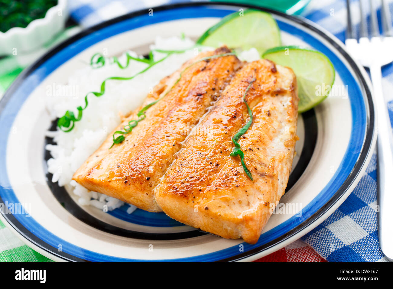 Baked salmon with rice Stock Photo Alamy