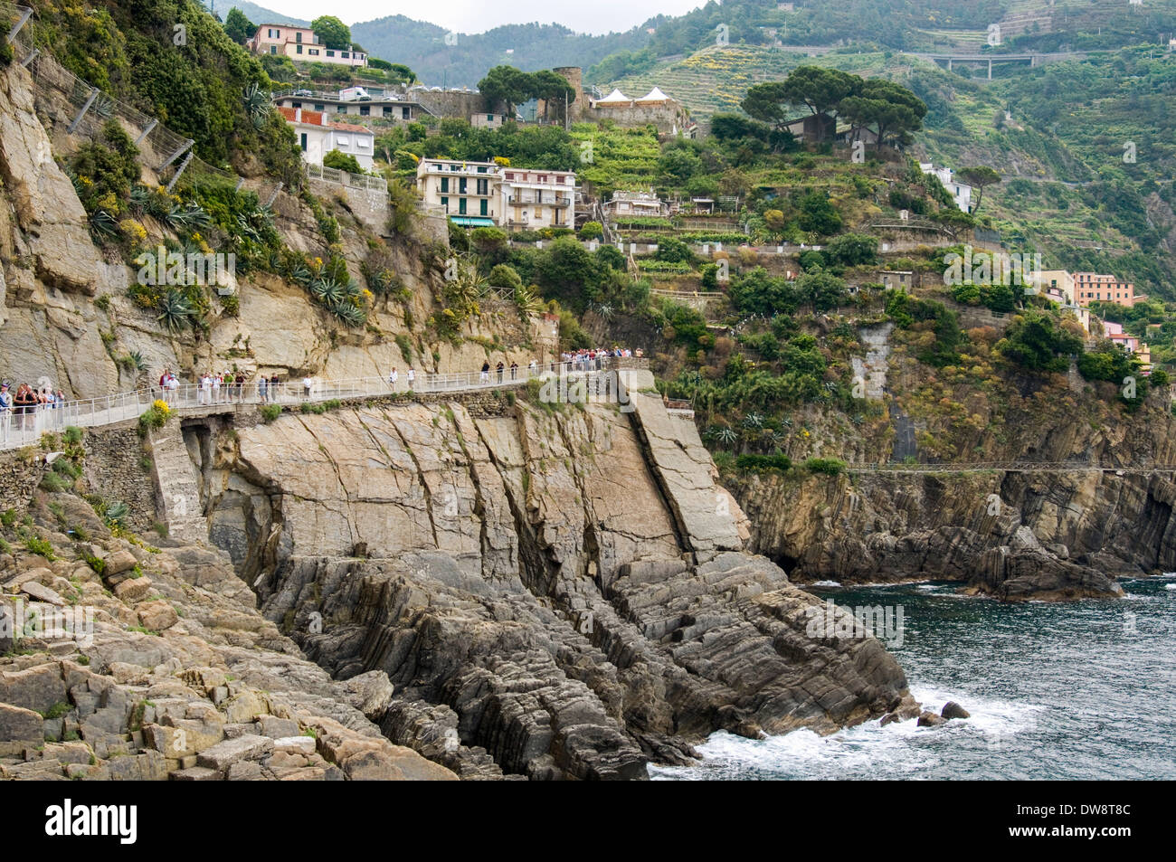 Tourists on the Sentiero Azzurro, Cinque Terre, Italy Stock Photo
