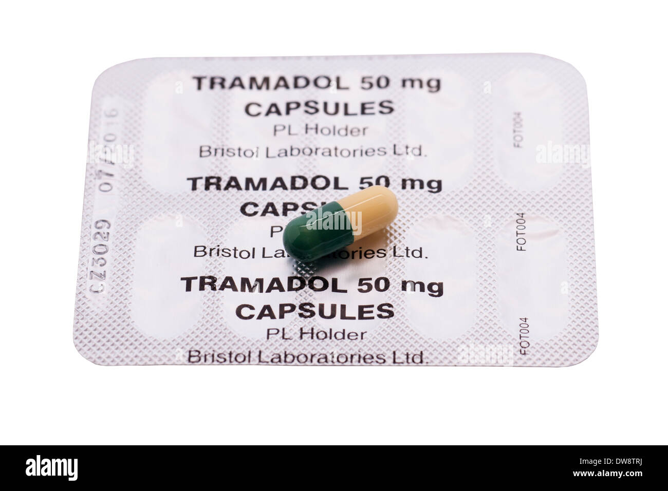 A blister pack of Bristol 50mg Tramadol capsules on a white background Stock Photo
