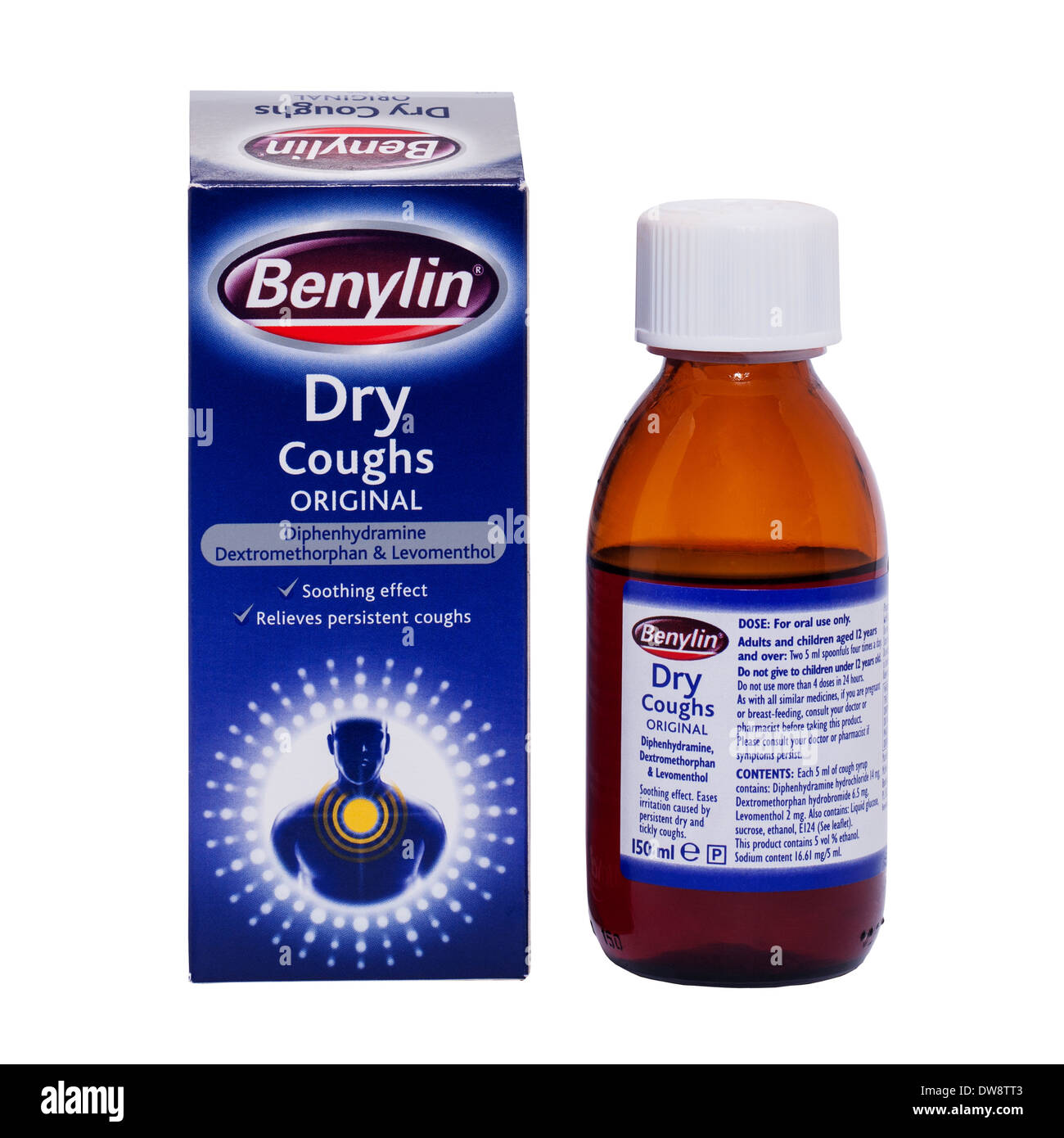 A box and bottle of Benylin cough mixture medicine on a white background Stock Photo