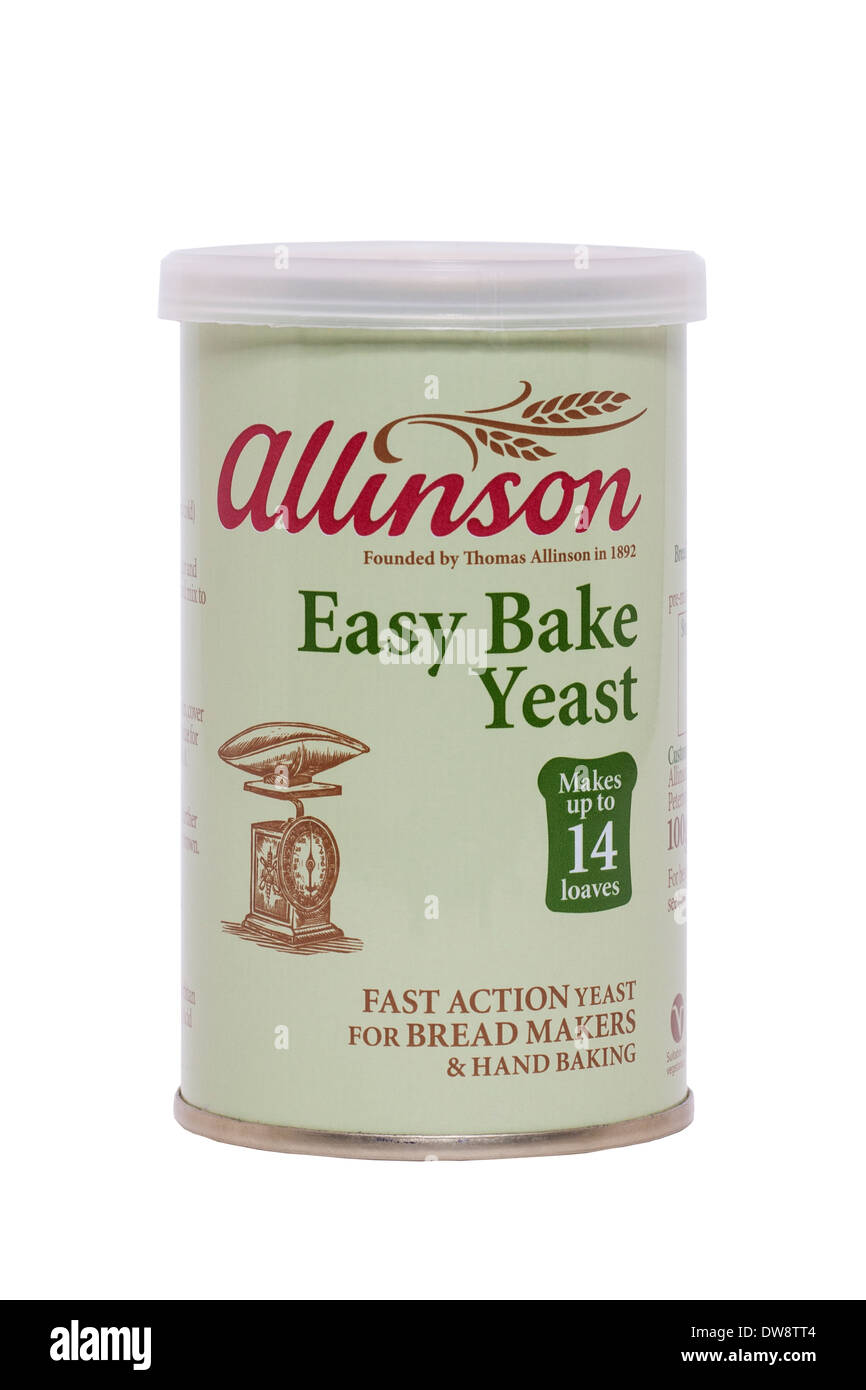 A tin of allinson easy bake yeast on a white background Stock Photo