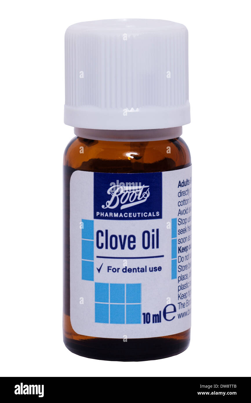 A bottle of Boots Clove Oil for dental use on a white background Stock Photo