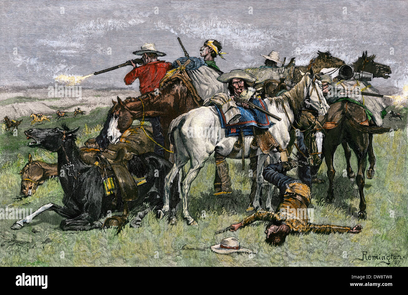 Cattlemen holding off Native American raiders, 1880s. Hand-colored woodcut Stock Photo