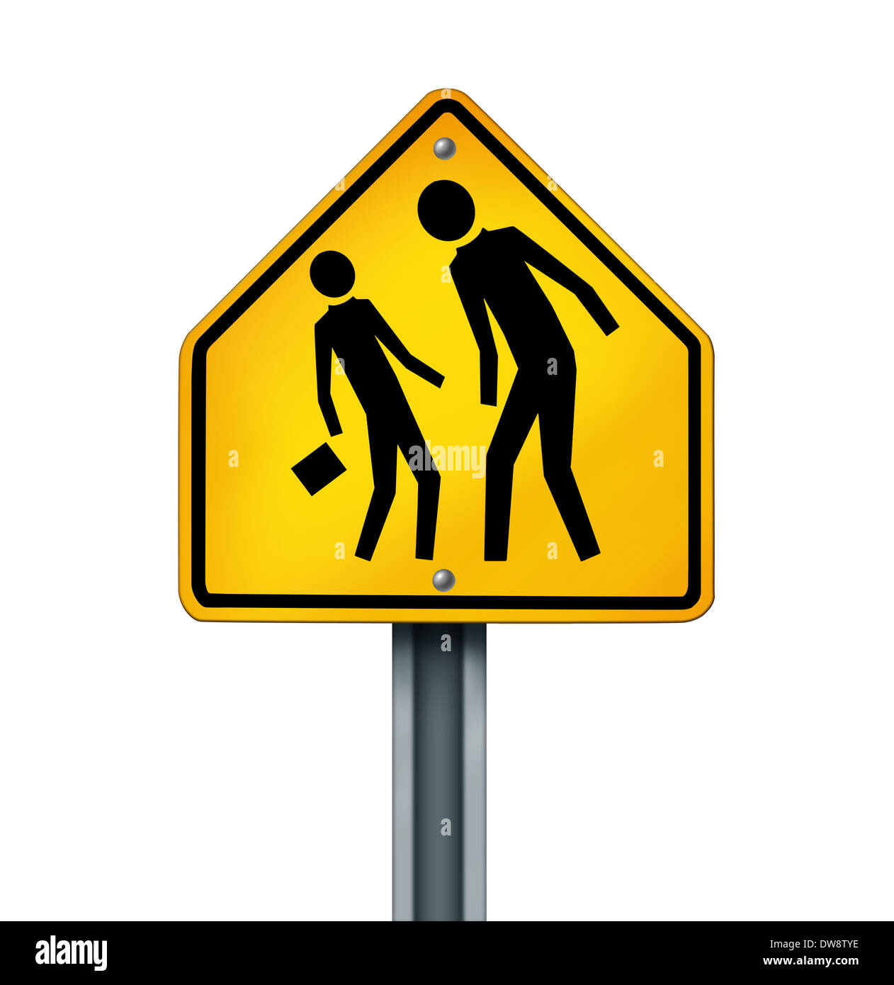 Bullying concept as a yellow traffic sign with an abusive bully attacking a smaller defenseless person as a symbol of the anxiety of being bullied and the social issues of human psychological abuse and fear isolated on white. Stock Photo