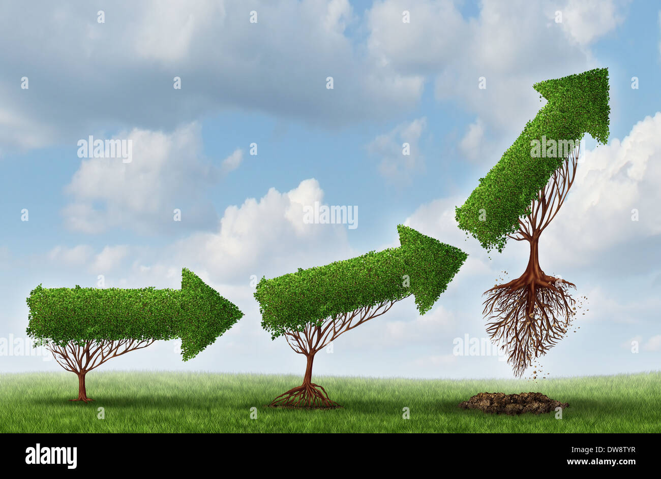 Business launch success symbol as a group of trees shaped as an arrow gradually maturing lifting off upward as a metaphor for so Stock Photo
