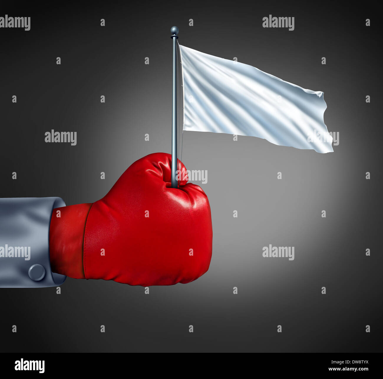 Business surrender as a metaphor for retreat in finance with a red boxing glove holding a blank cloth on a flagpole as an icon of giving up the fight and competition loss. Stock Photo