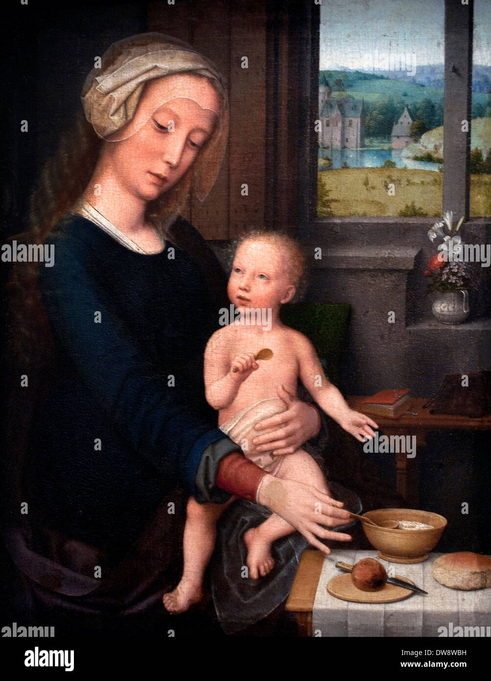 Virgin and Child with the Milk Soup by Gerard David ( workshop ) 1450–1523)  Flemish Belgian Belgium Dutch Netherlands Stock Photo