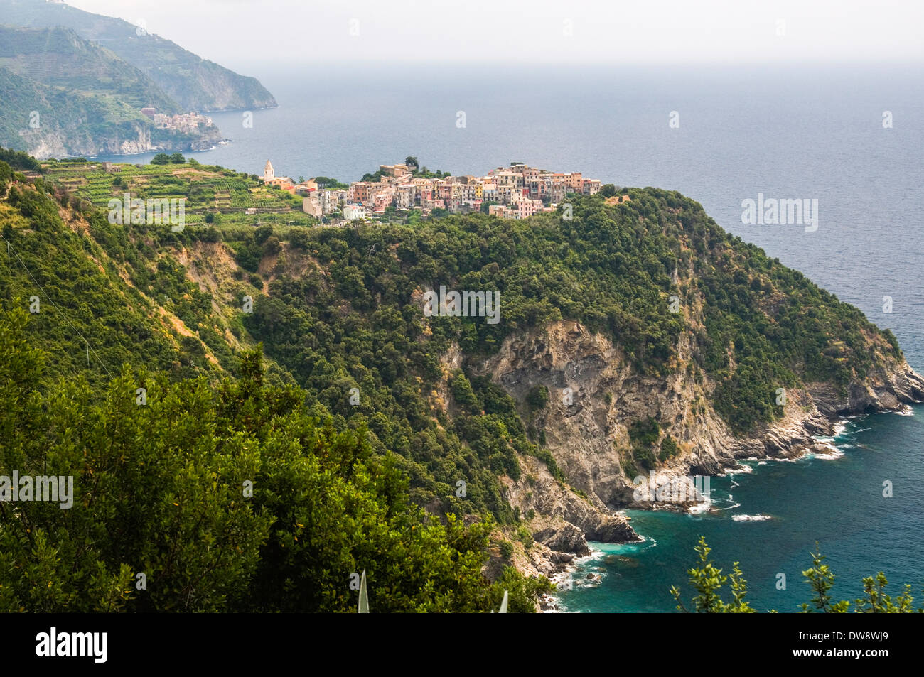 Looking back to Corniglia from the Sentiero Azzurro, Cinque Terre, Italy Stock Photo