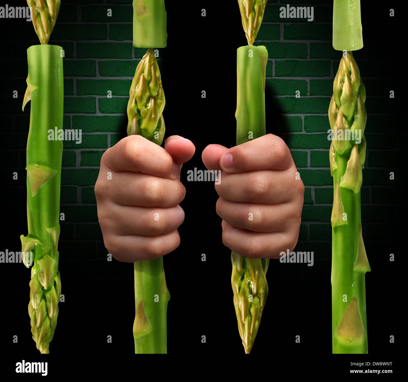Restricted diet and calorie restriction food concept with prison bars made of asparagus vegetables and hands of a prisoner holding the jail as a dieting metaphor for the stress involved in healthy eating. Stock Photo