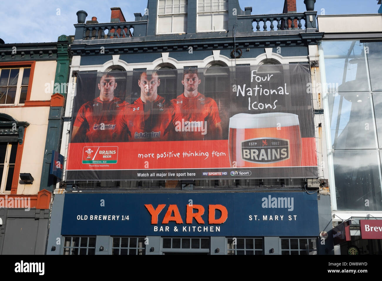The Yard public house, Cardiff city centre, Wales UK, Welsh Rugby home nations Brains beer sponsors advert, old brewery quarter Stock Photo