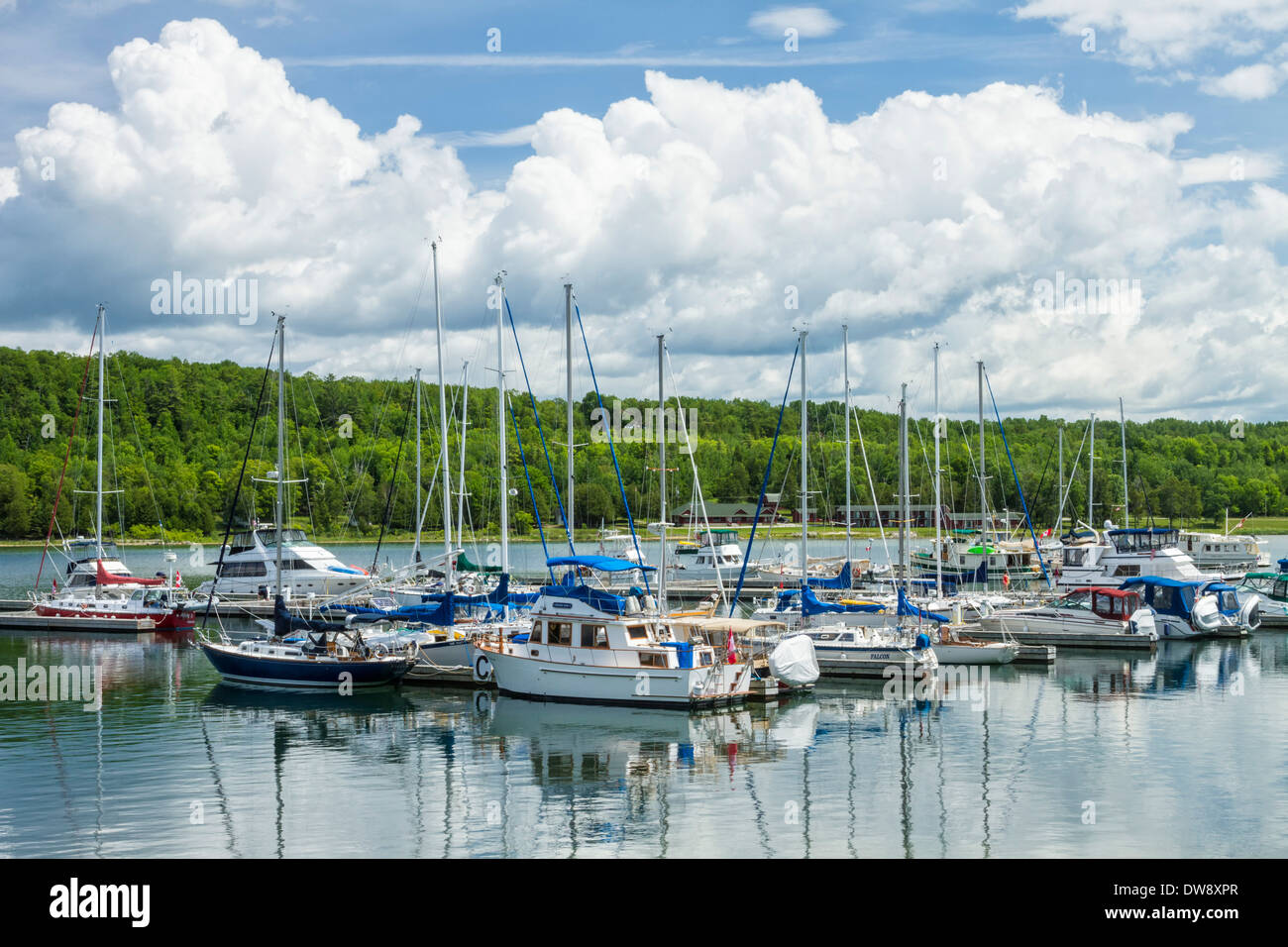 Sailboats moored in the harbour at Gore Bay, Ontario, Canada Stock