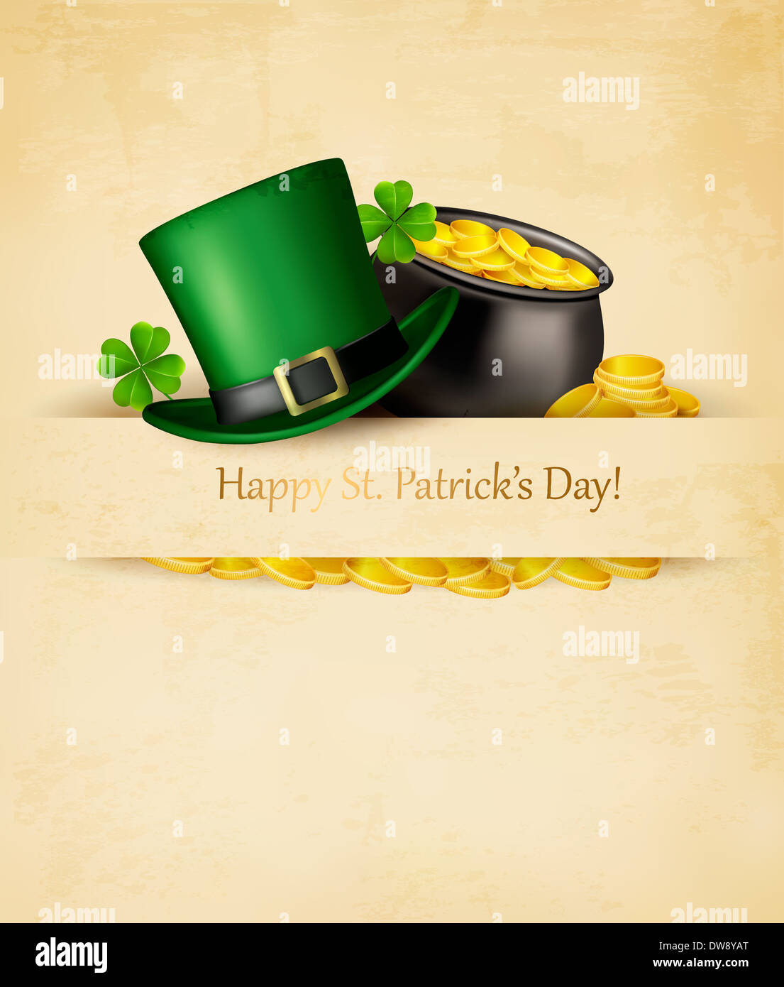 Saint Patrick's Day background with clover leaves, green hat and gold ...
