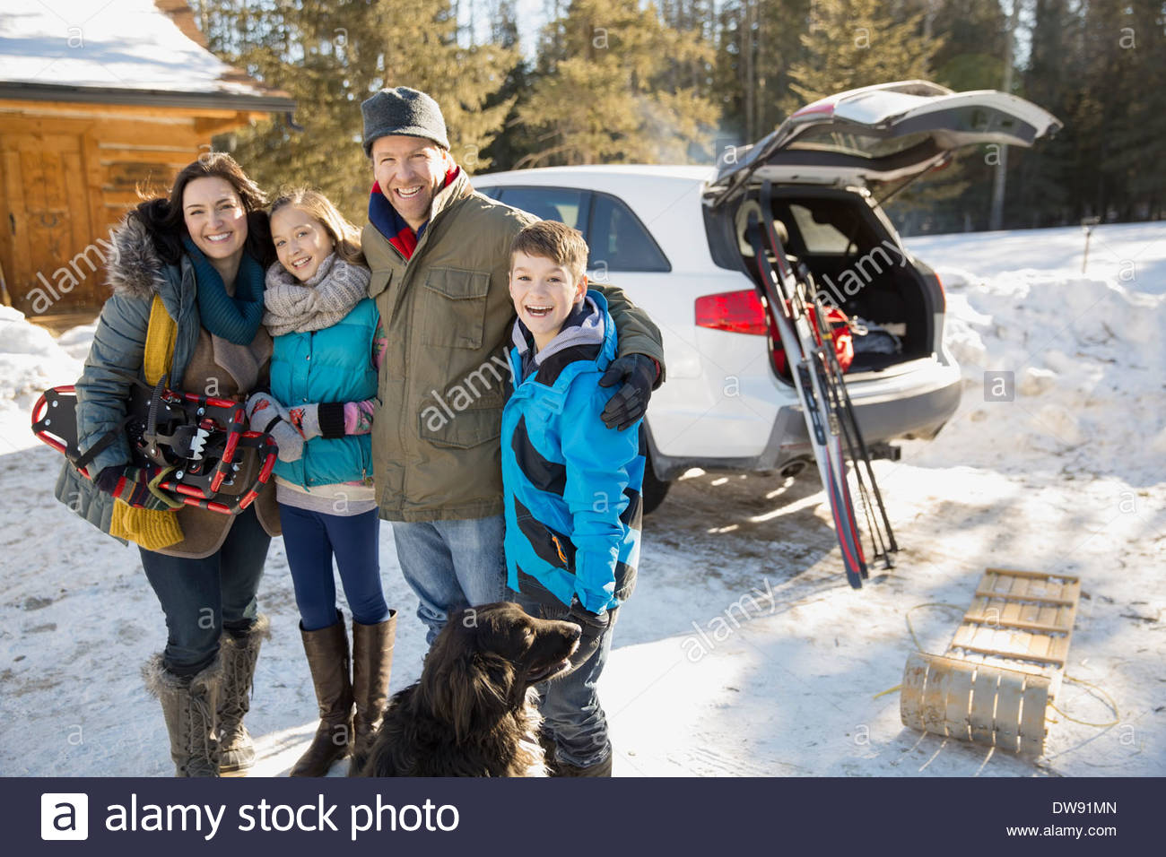 Portrait of happy family on ski holiday Stock Photo
