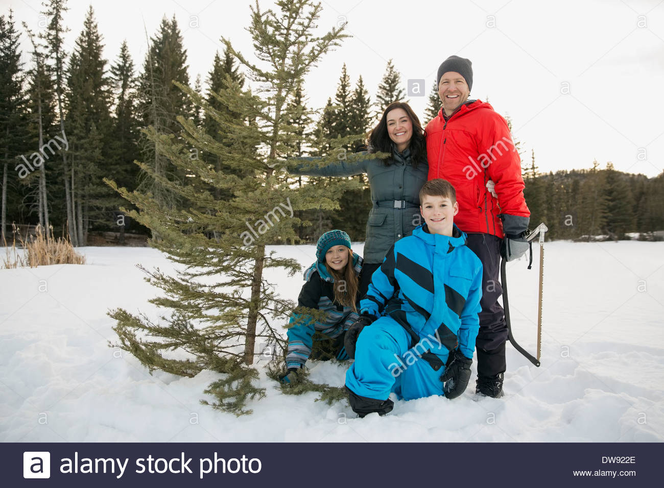 Portrait of two generation family with Christmas tree in snow Stock Photo