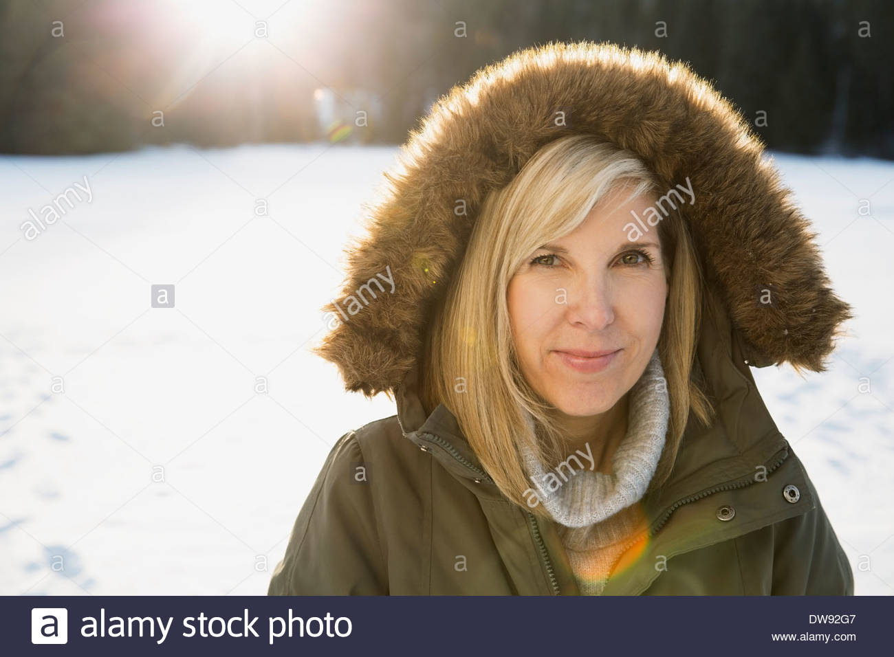 Portrait of beautiful woman in fur hooded jacket outdoors Stock Photo