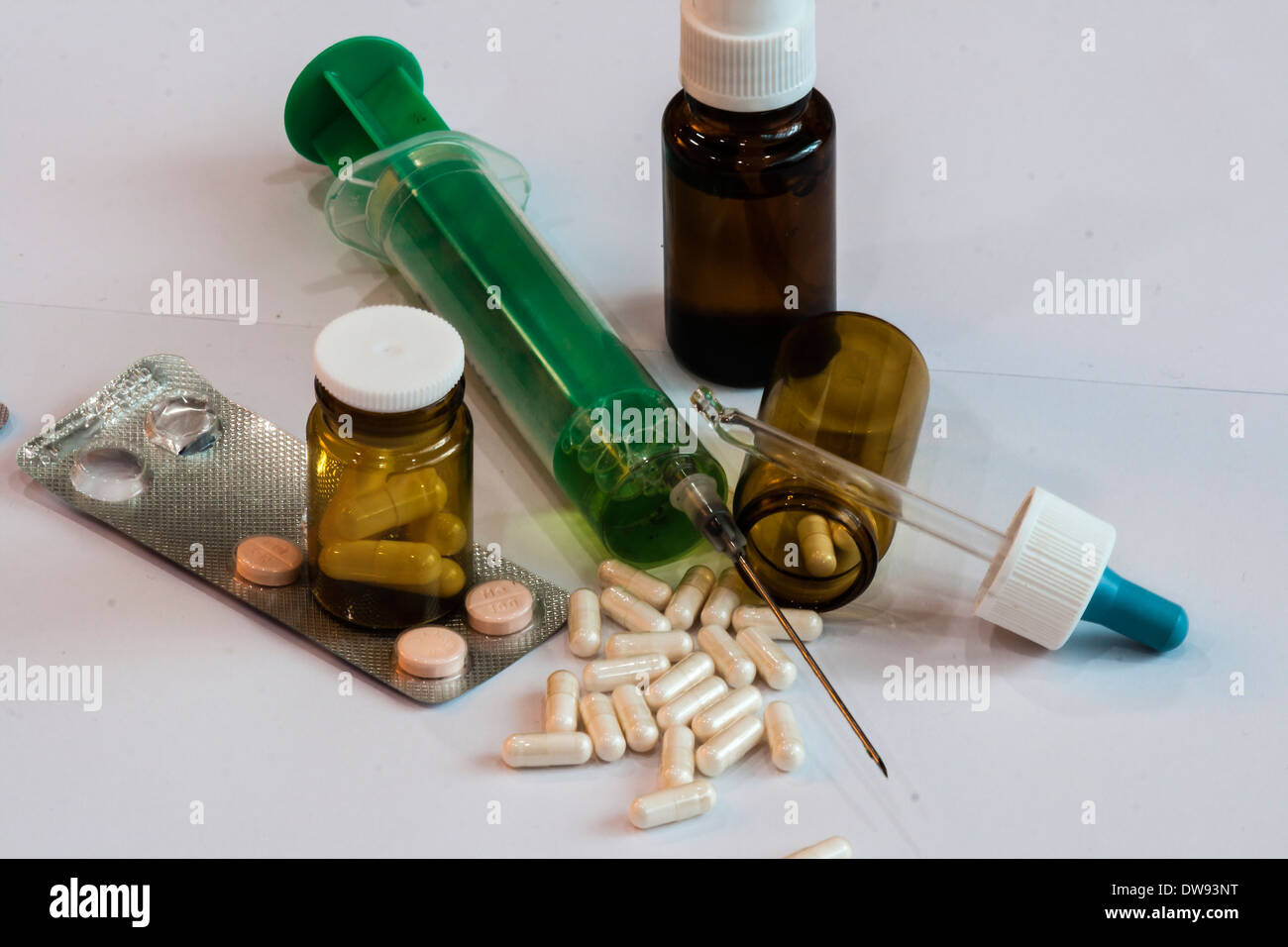 Pills were evacuated from the pill box with injection Stock Photo