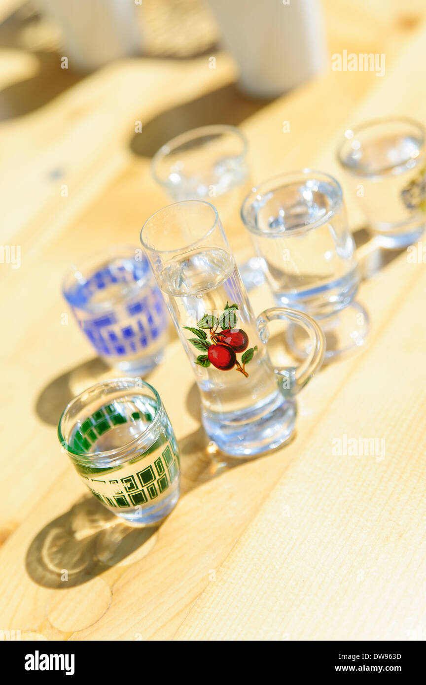 different liquers in shotglasses Stock Photo