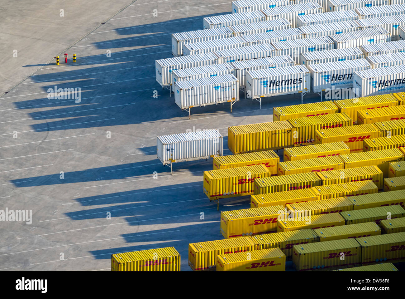 Aerial view, DHL and Hermes containers in the port of Hamm, North Rhine-Westphalia, Germany Stock Photo