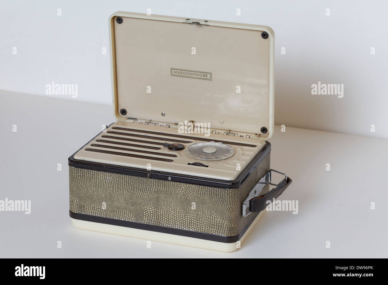 Marconiphone, model Personal K 12 P 20 B, battery powered portable radio from 1949, with imitation snakeskin Stock Photo