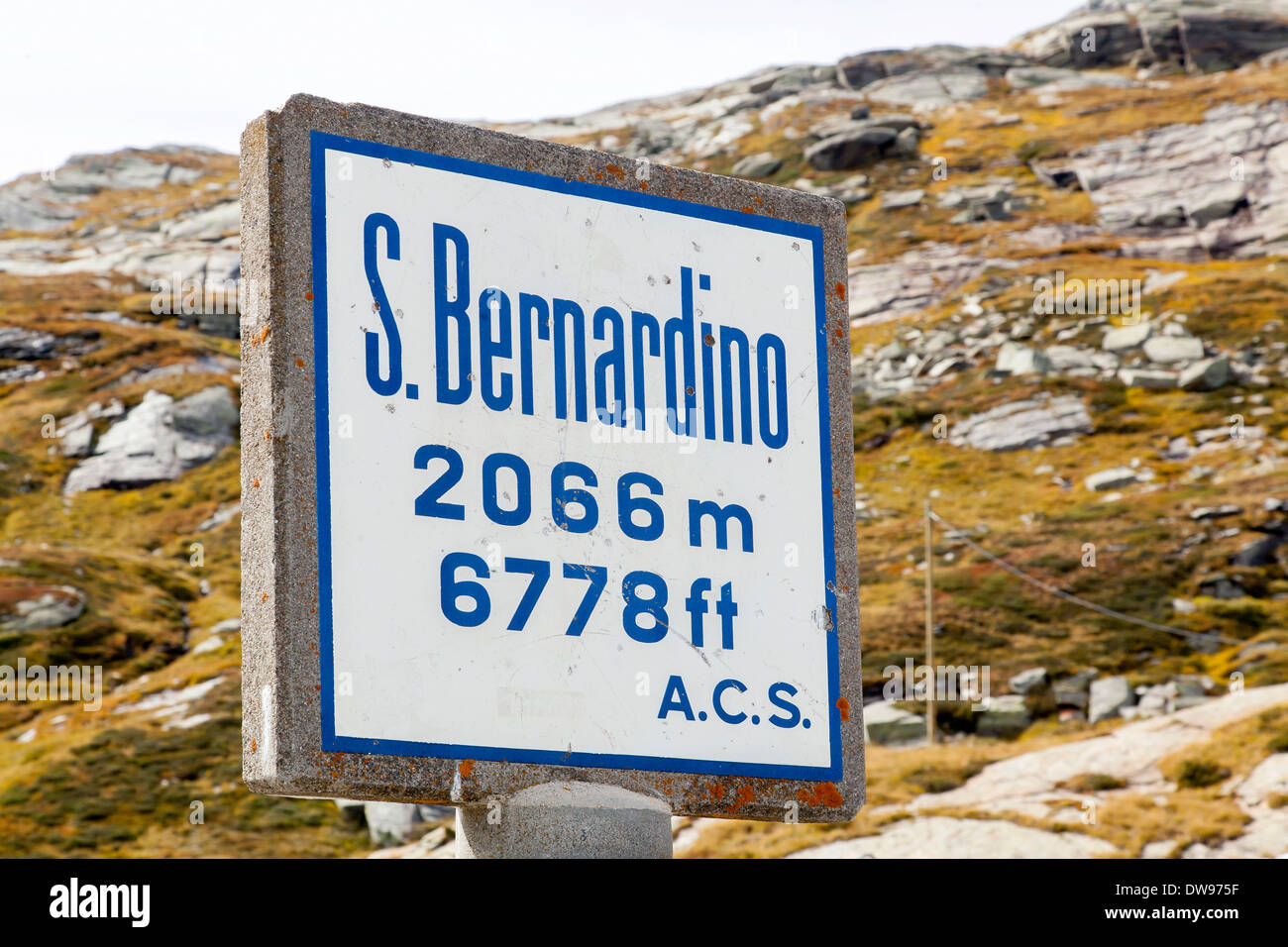 Sign on the San Bernardino pass, Mt San Bernardino, Graubünden, Switzerland Stock Photo
