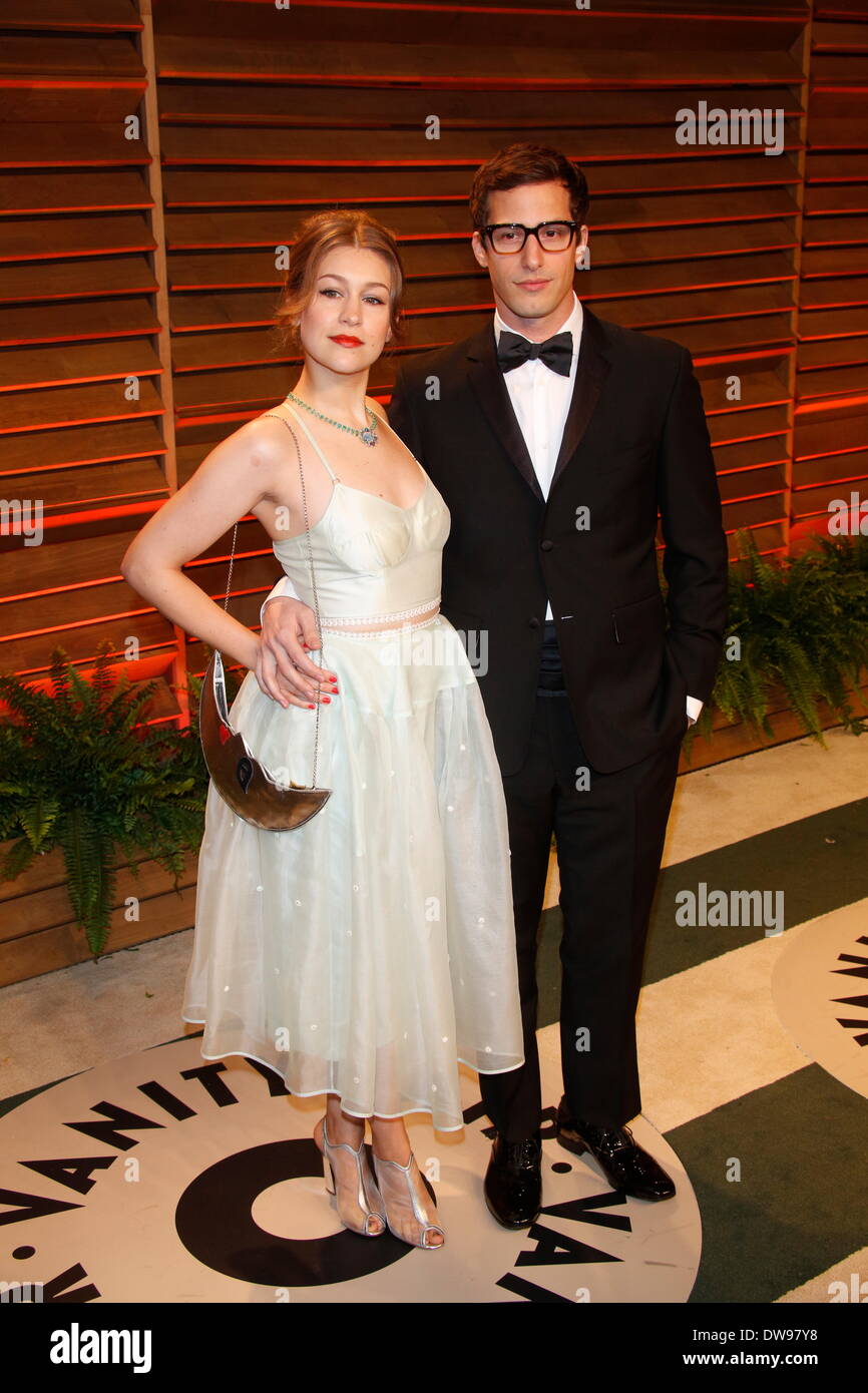West Hollywood, Los Angeles, USA. 02nd Mar, 2014. Singer songwriter Joanna Newsom and husband comedian Andy Samberg arrive at the Vanity Fair Oscar Party in West Hollywood, Los Angeles, USA, 02 March 2014. Photo: Hubert Boesl/dpa -NO WIRE SERVICE/KEIN BILDFUNK-/dpa/Alamy Live News Stock Photo