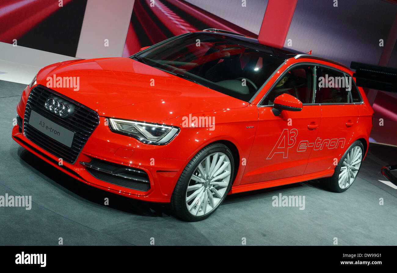 Geneva, Switzerland. 03rd Mar, 2014. The Audi A3 e-tron is presented in the  exhibition hall Espace Secheron during the VW company evening at the eve of  the first press day of the