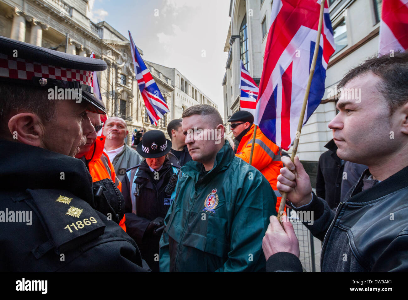 Paul Golding leader of Britain First right-wing patriot group outside Old Bailey court in London. Stock Photo