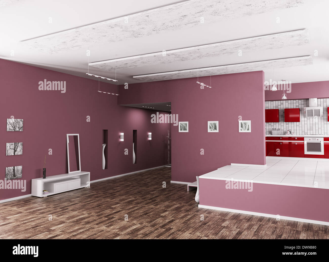Interior of modern apartment hall kitchen 3d render Stock Photo - Alamy