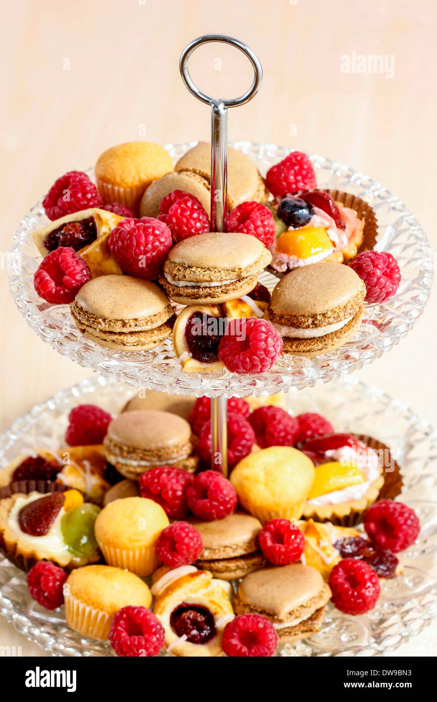 Two level dessert stand full of sweets. Selective focusTwo level dessert stand full of sweets