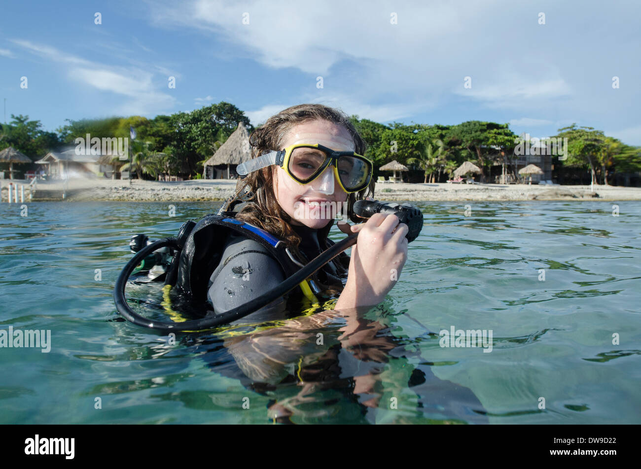 Female scuba diver in the sea Utila Bay Islands Honduras Stock Photo Alamy