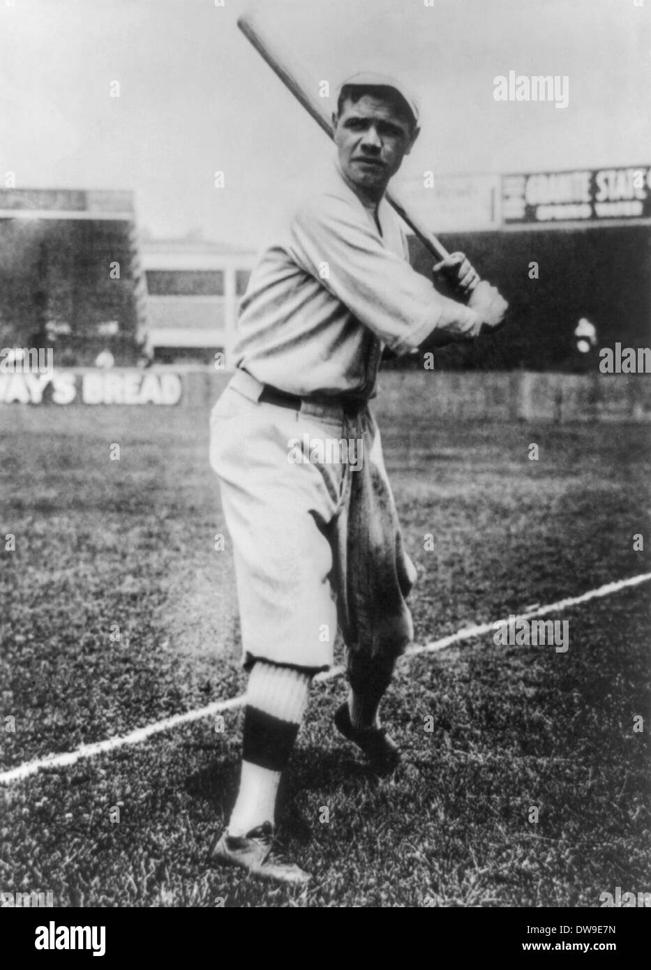 George Herman 'Babe' Ruth Jr., poses with a bat during his first year with the New York Yankees 1920. Stock Photo