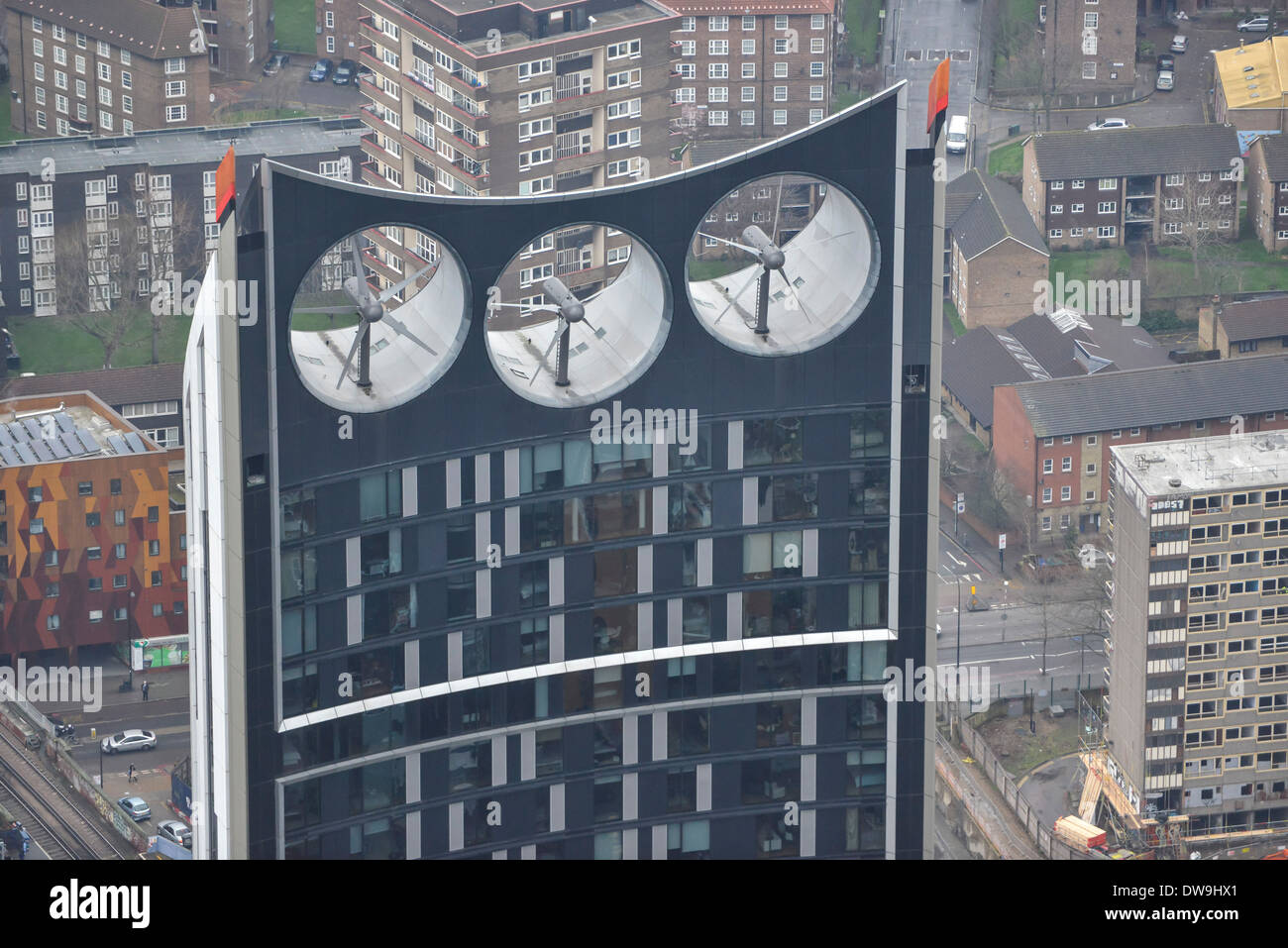 A close-up Aerial Photograph of the wind turbines on the roof of Strata SE1 at Elephant & Castle in South London Stock Photo