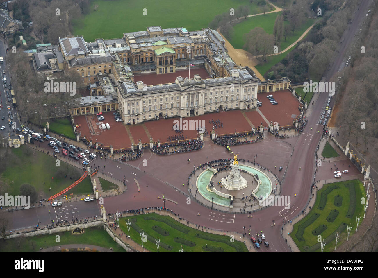 Aerial Photograph showing crowds in front of the Buckingham Palace, London, United Kingdom Stock Photo