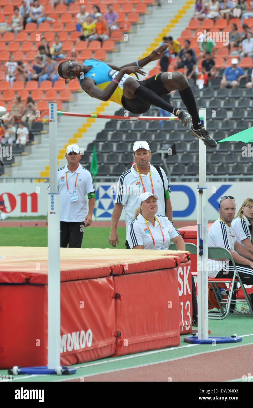 Athlete take part in high jumping during the 2013 IAAF World Junior