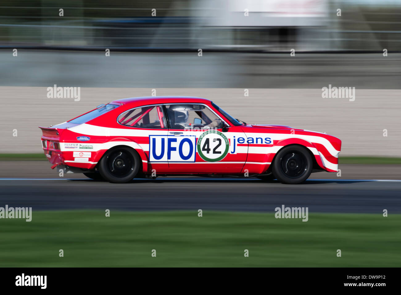 Masters Historic Racing, Ford Capri exiting Hollywood, at Donington Park Racing Circuit. Stock Photo