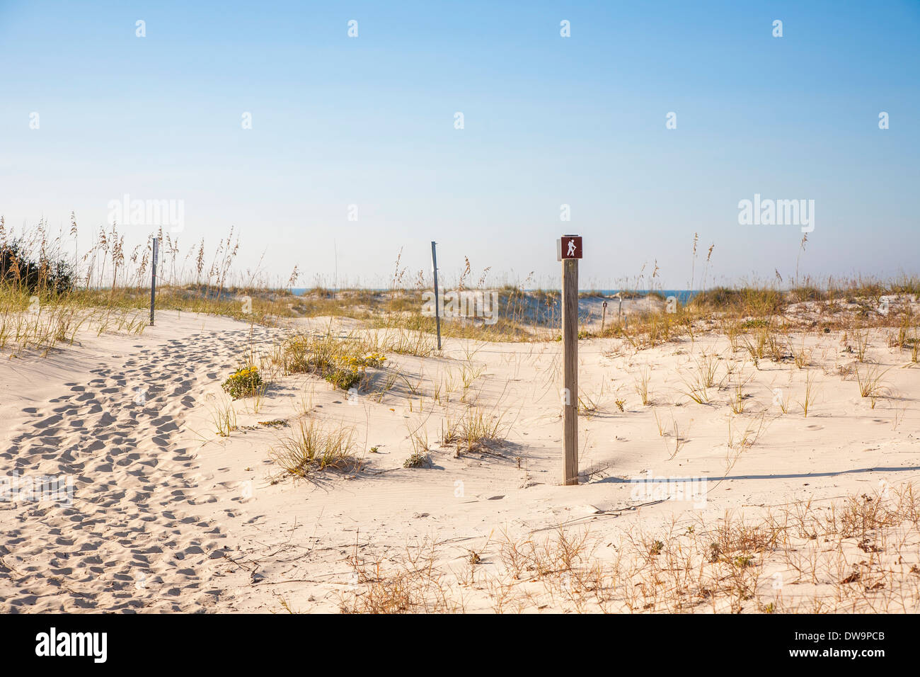 Trail markers identify Pine Branch Trail over sand dunes to the coastal waters in Gulf Shores, Alabama Stock Photo