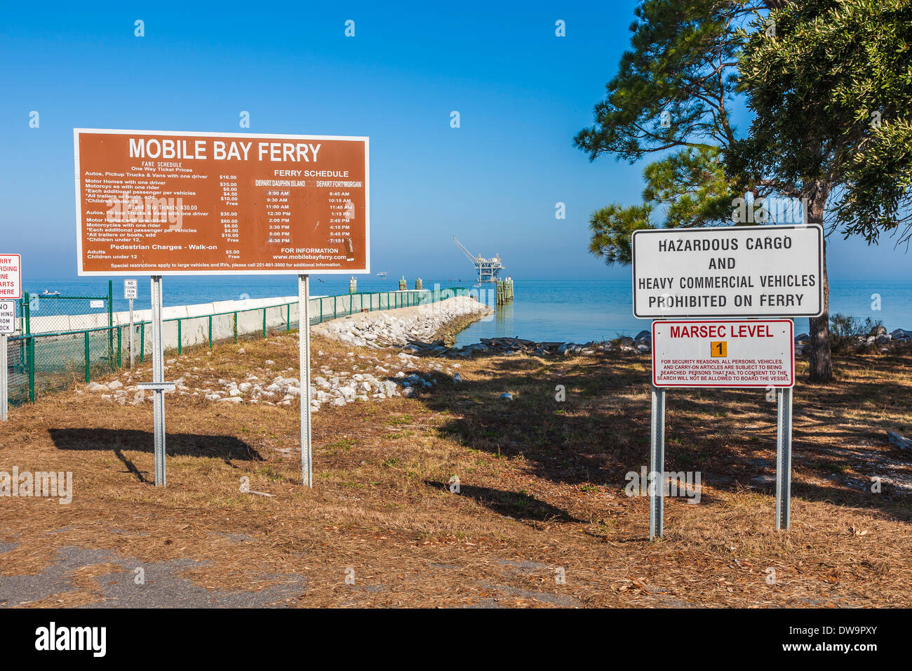 Highway 180 ends at the Fort Morgan Mobile Bay Ferry port in Gulf Shores, Alabama Stock Photo