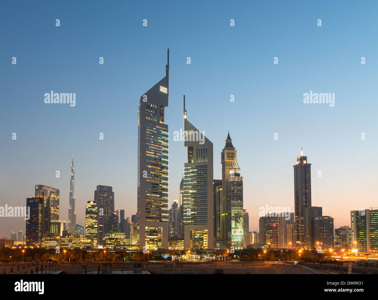 Evening view of skyline of financial and business district of Dubai in United Arab Emirates Stock Photo