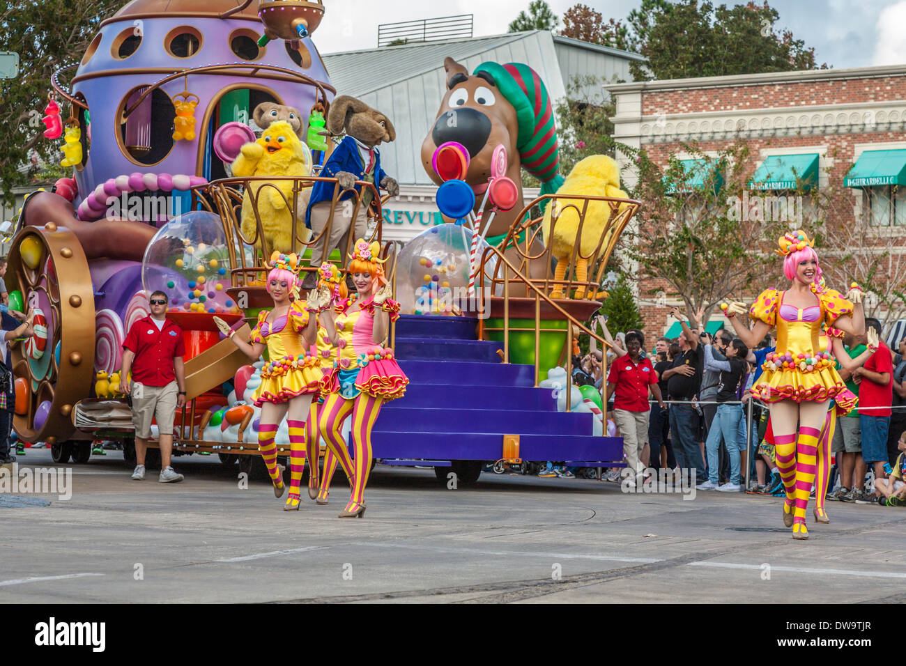 Dancing girls leading parade float at Universal Studios theme park in